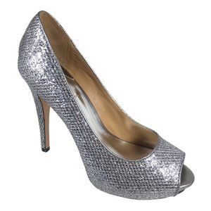 Badgley Mischka Silver Glitter Peep Toe Pumps